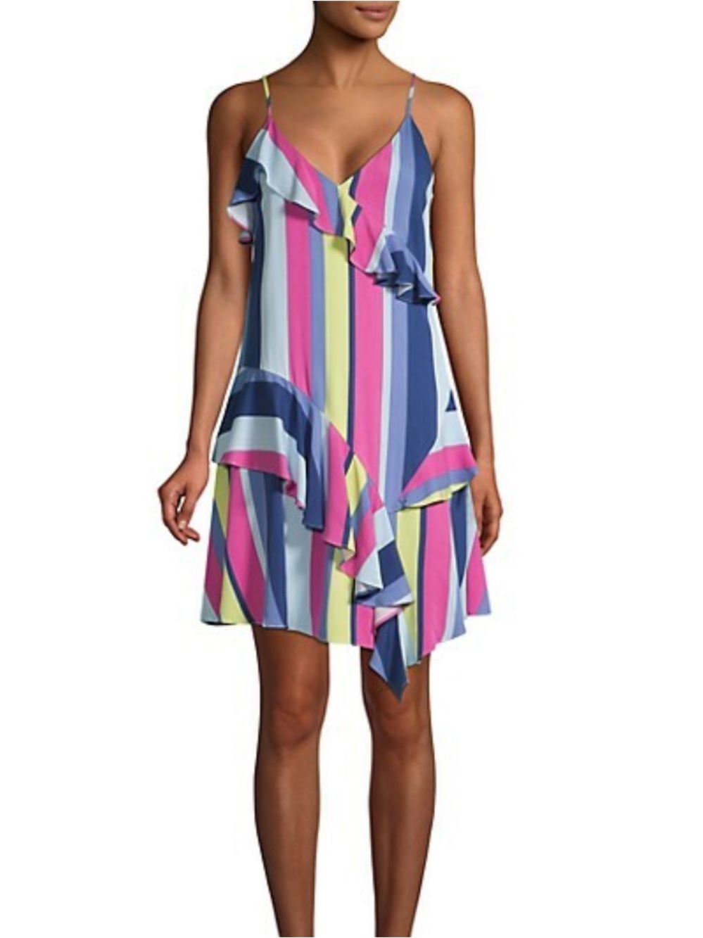 Parker Multicolor Striped Asymmetrical Ruffle Slip Dress - Pink, Blue, Lime